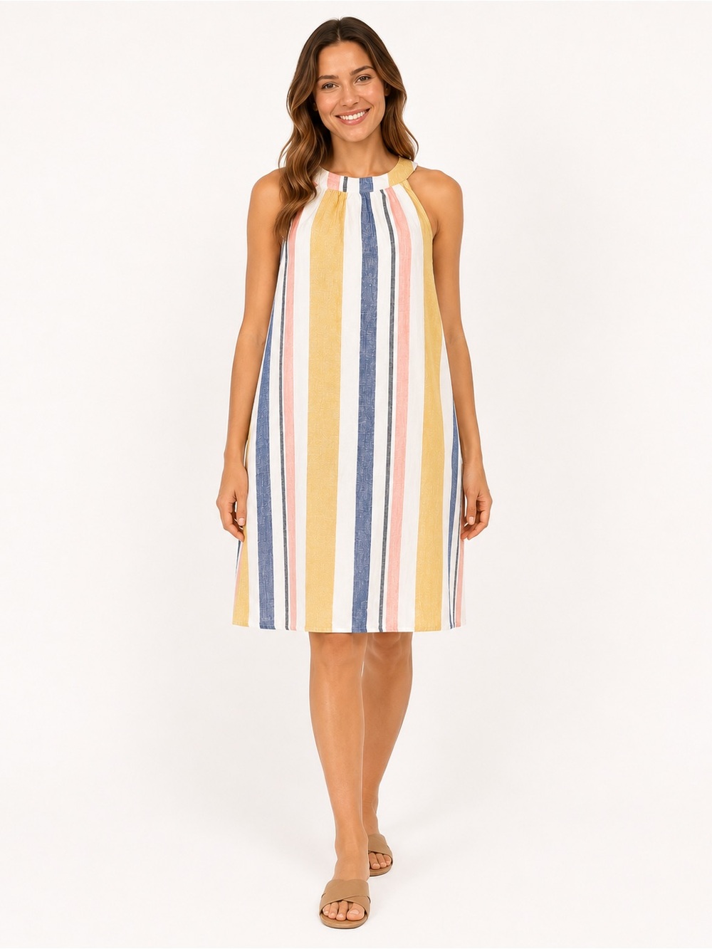 C&C | Linen Striped Round Neckline Lightweight Comfy Relaxed Summer Midi Dress